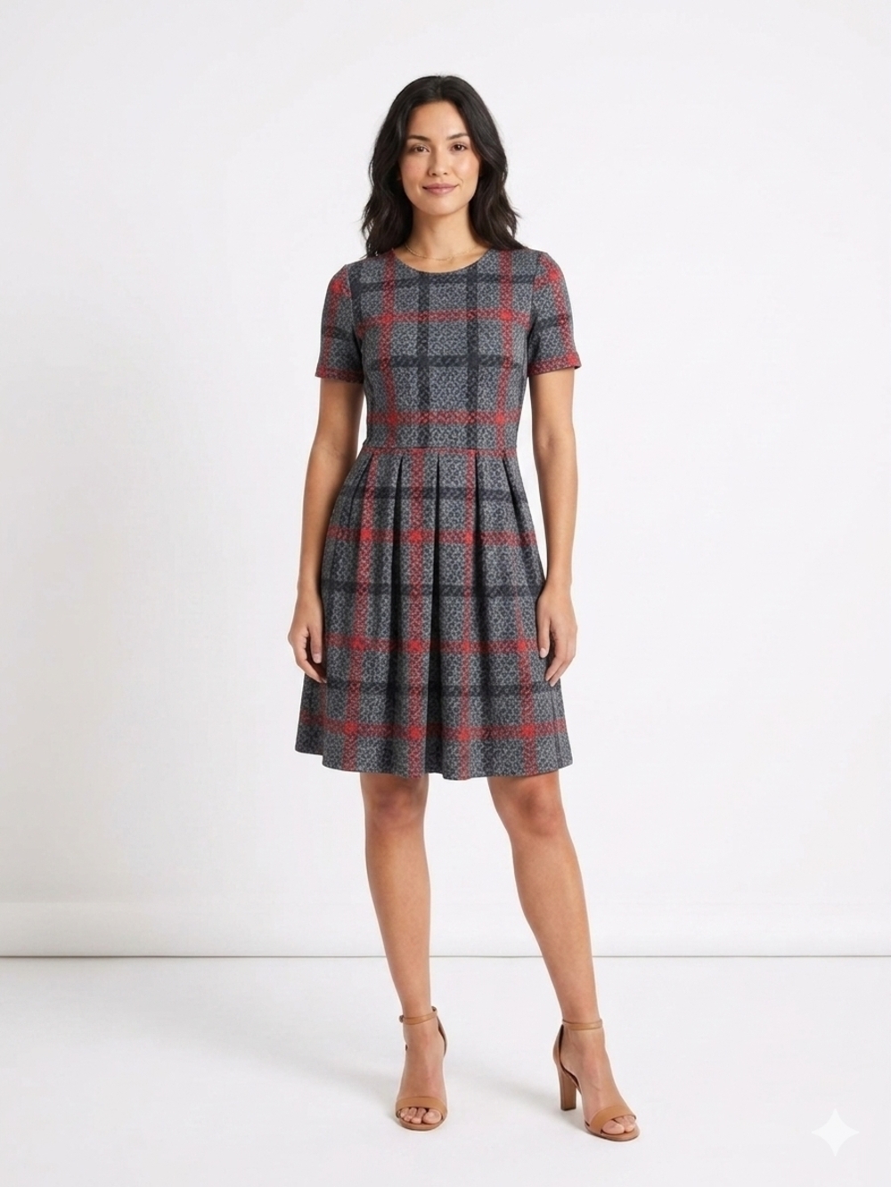 Plaid Short-Sleeve Fit & Flare Dress in Gray and Red